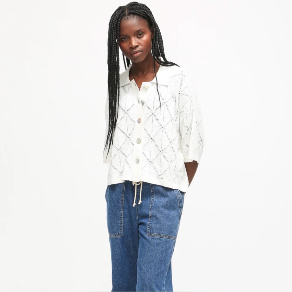 NWT Electric & Rose Knit Camp Shirt S Cloud White Boxy Collared Top Short-Sleeve